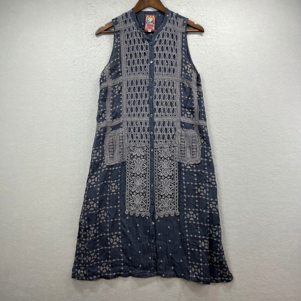 Johnny Was Maxi Dress Womens S Navy Gray Embroidered Sleeveless Boho Tunic